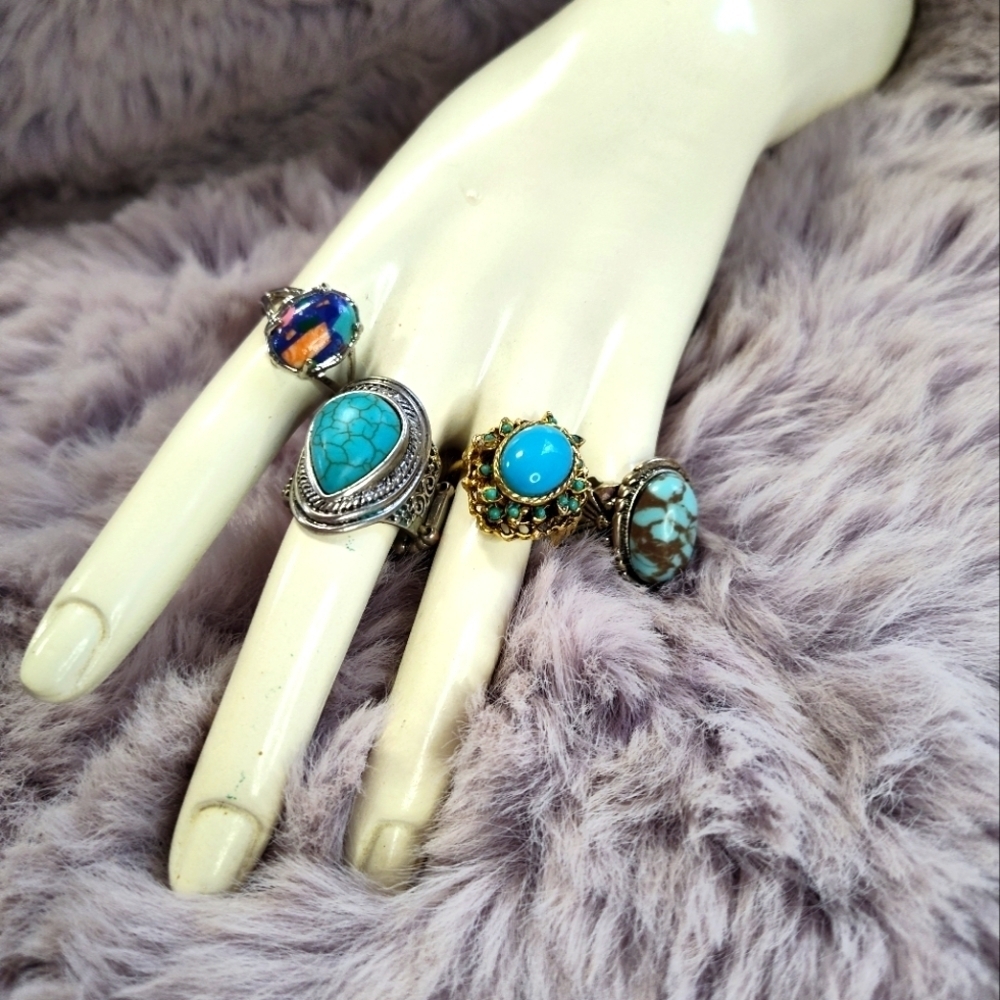 Gold and Silver Faux Turquoise Adjustable Ring Set
